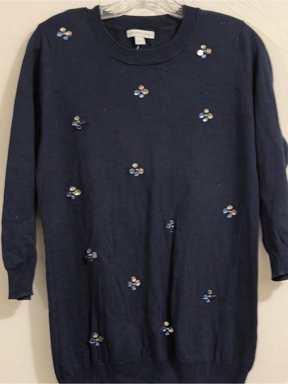 New York & Company Navy Crewneck Sweater with Blue and Silver Embellishments